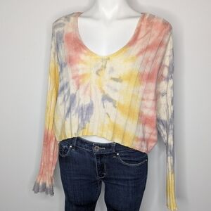 American Eagle Yellow Blue Pink Tie Dye Low Cut Neck Long Sleeve Crop Sweater S